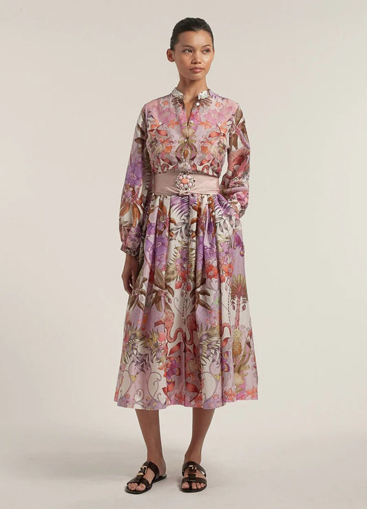 Young Ideas/Henmores - Flamingo Pattern Puff Sleeve Midi Dress - 516 Pink - 8