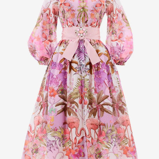 Young Ideas/Henmores - Flamingo Pattern Puff Sleeve Midi Dress - 516 Pink - 8