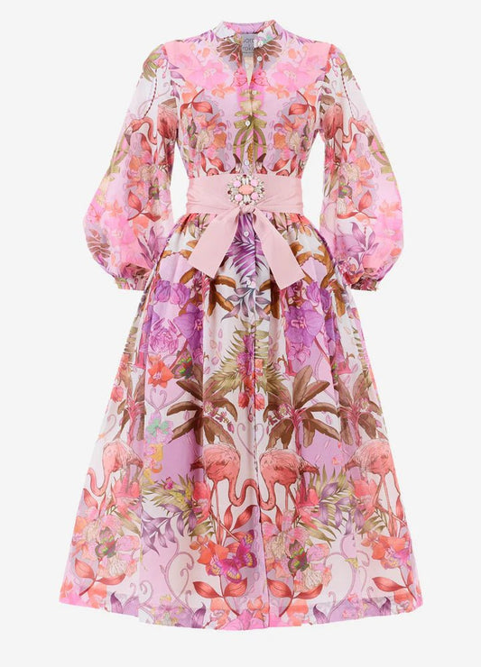 Young Ideas/Henmores - Flamingo Pattern Puff Sleeve Midi Dress - 516 Pink - 8