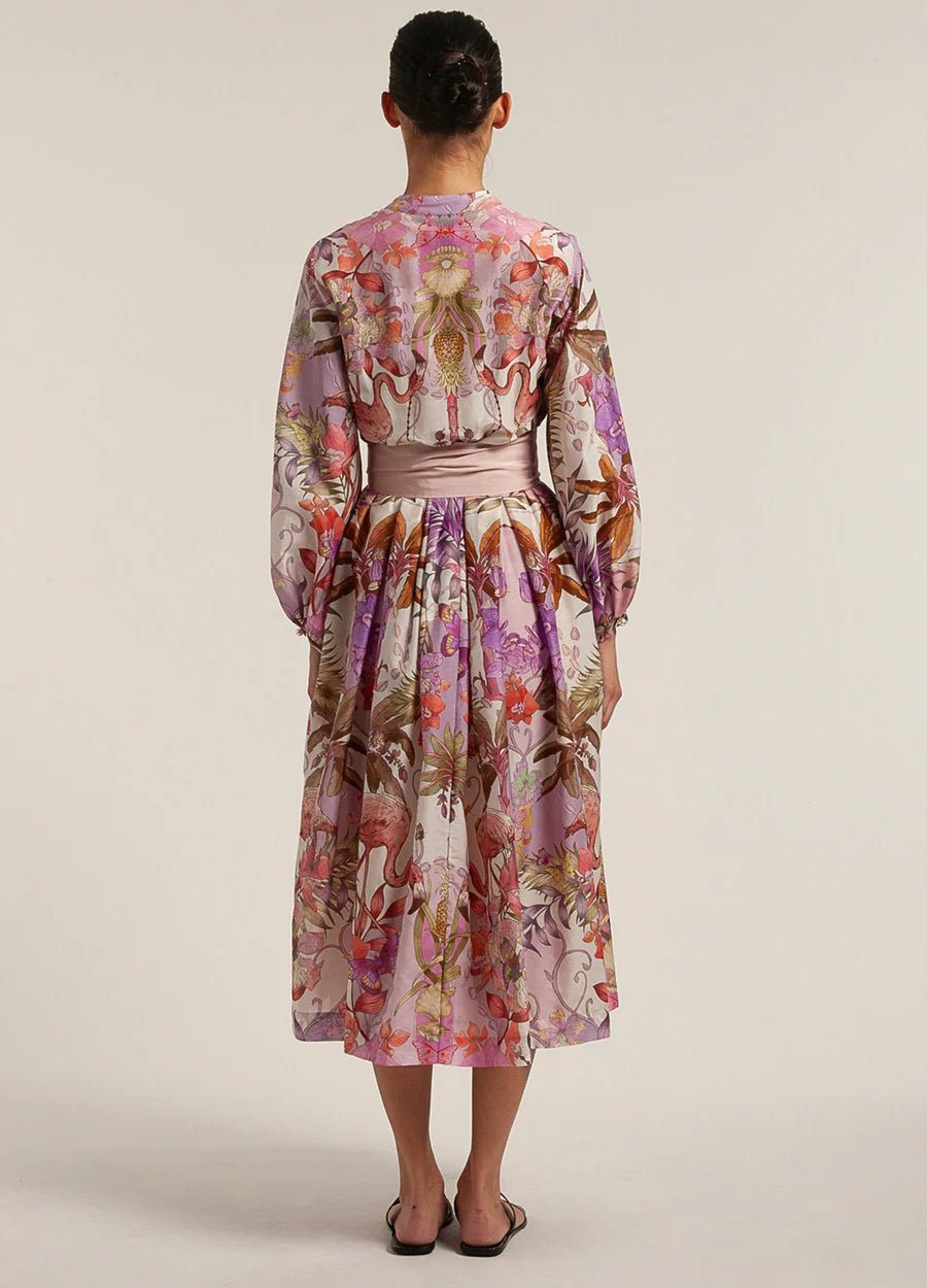 Young Ideas/Henmores - Flamingo Pattern Puff Sleeve Midi Dress - 516 Pink - 8