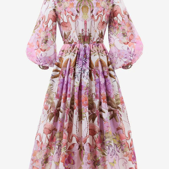 Young Ideas/Henmores - Flamingo Pattern Puff Sleeve Midi Dress - 516 Pink - 8