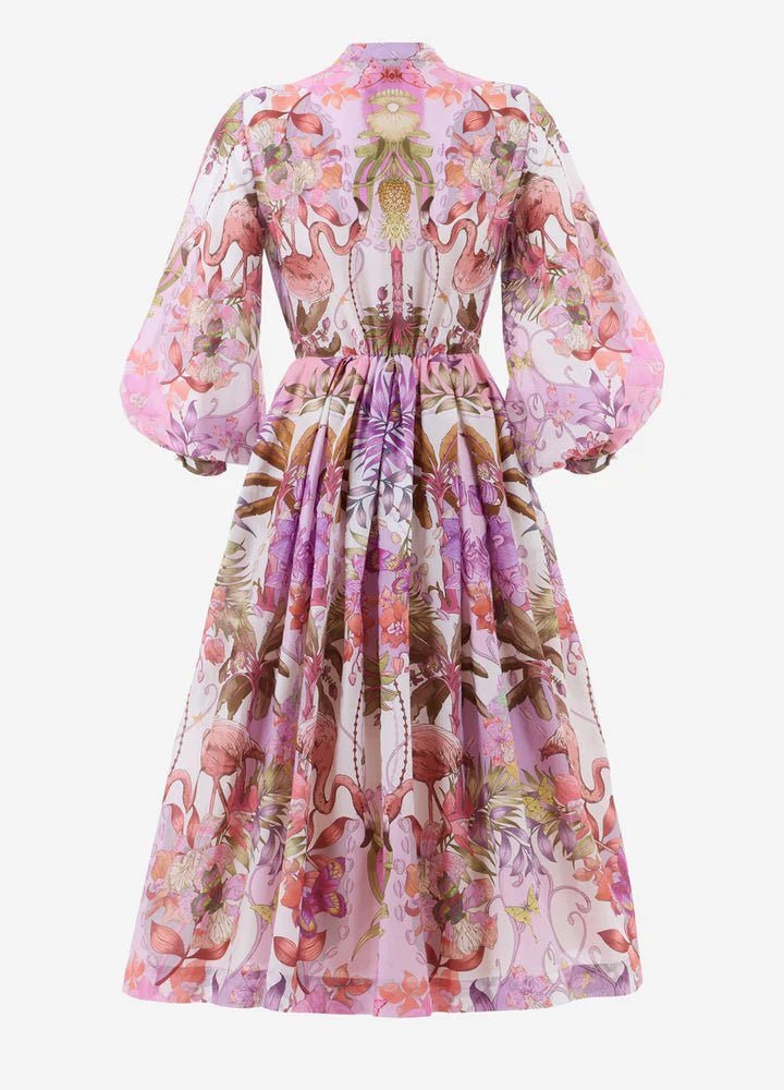 Young Ideas/Henmores - Flamingo Pattern Puff Sleeve Midi Dress - 516 Pink - 8