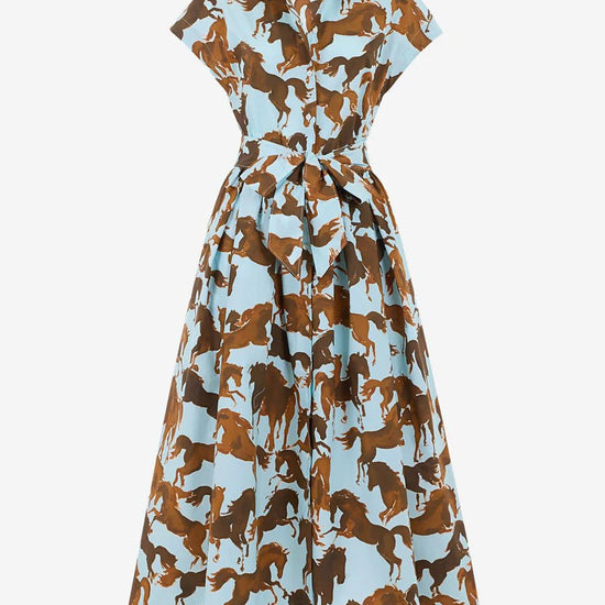 Young Ideas/Henmores - Horses Button Up Belted Short Sleeve Midi Dress - 358 Brown/Sky - 8