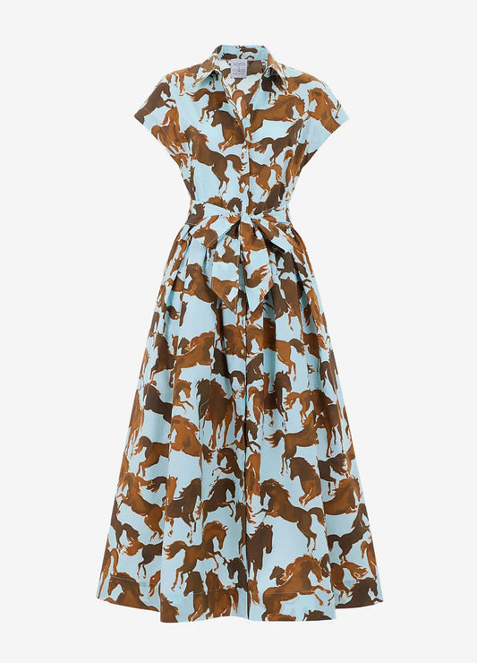 Young Ideas/Henmores - Horses Button Up Belted Short Sleeve Midi Dress - 358 Brown/Sky - 8