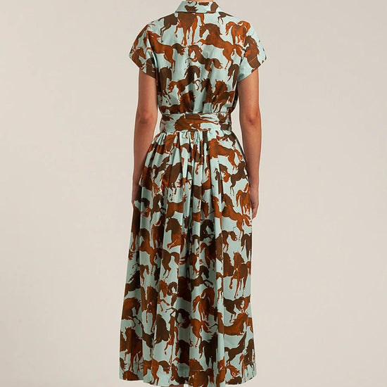 Young Ideas/Henmores - Horses Button Up Belted Short Sleeve Midi Dress - 358 Brown/Sky - 8