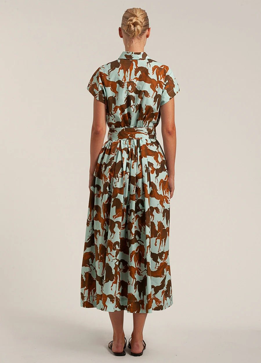Young Ideas/Henmores - Horses Button Up Belted Short Sleeve Midi Dress - 358 Brown/Sky - 8