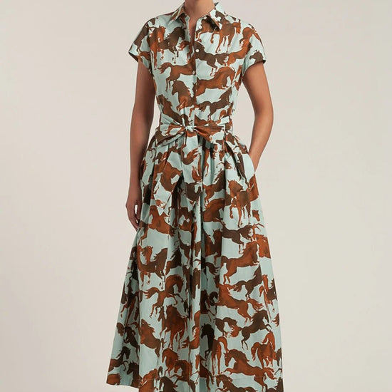 Young Ideas/Henmores - Horses Button Up Belted Short Sleeve Midi Dress - 358 Brown/Sky - 8