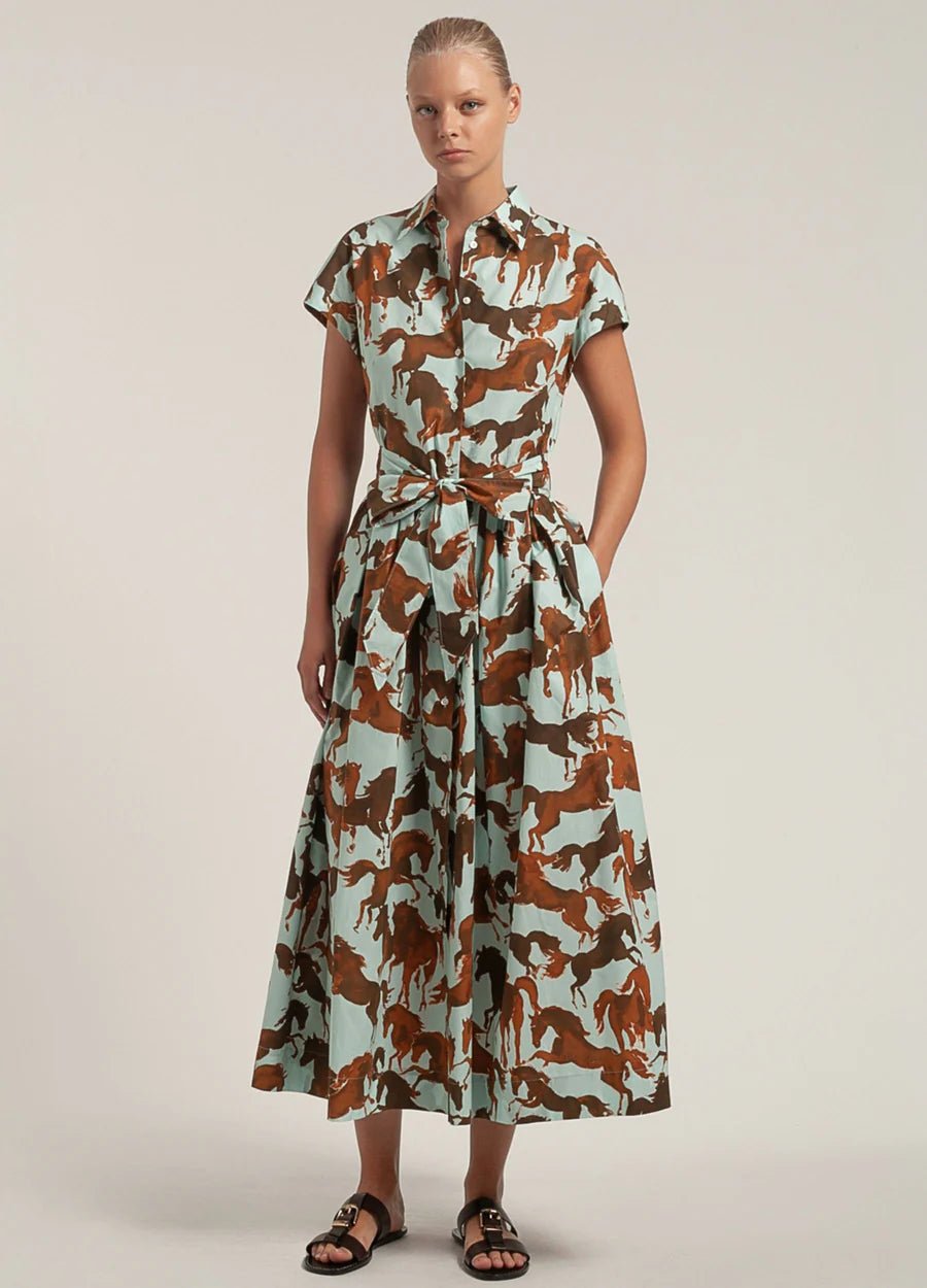 Young Ideas/Henmores - Horses Button Up Belted Short Sleeve Midi Dress - 358 Brown/Sky - 8