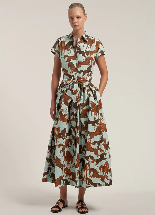 Young Ideas/Henmores - Horses Button Up Belted Short Sleeve Midi Dress - 358 Brown/Sky - 8