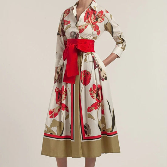 Young Ideas/Henmores - Tulips Asymmetrical Button Up Belted Midi Dress - 262 Cream/Red - 8
