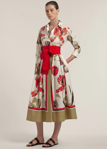 Young Ideas/Henmores - Tulips Asymmetrical Button Up Belted Midi Dress - 262 Cream/Red - 8