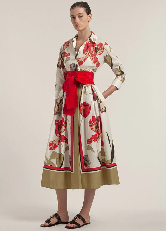 Young Ideas/Henmores - Tulips Asymmetrical Button Up Belted Midi Dress - 262 Cream/Red - 8