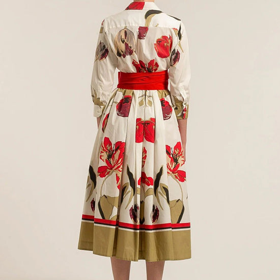 Young Ideas/Henmores - Tulips Asymmetrical Button Up Belted Midi Dress - 262 Cream/Red - 8