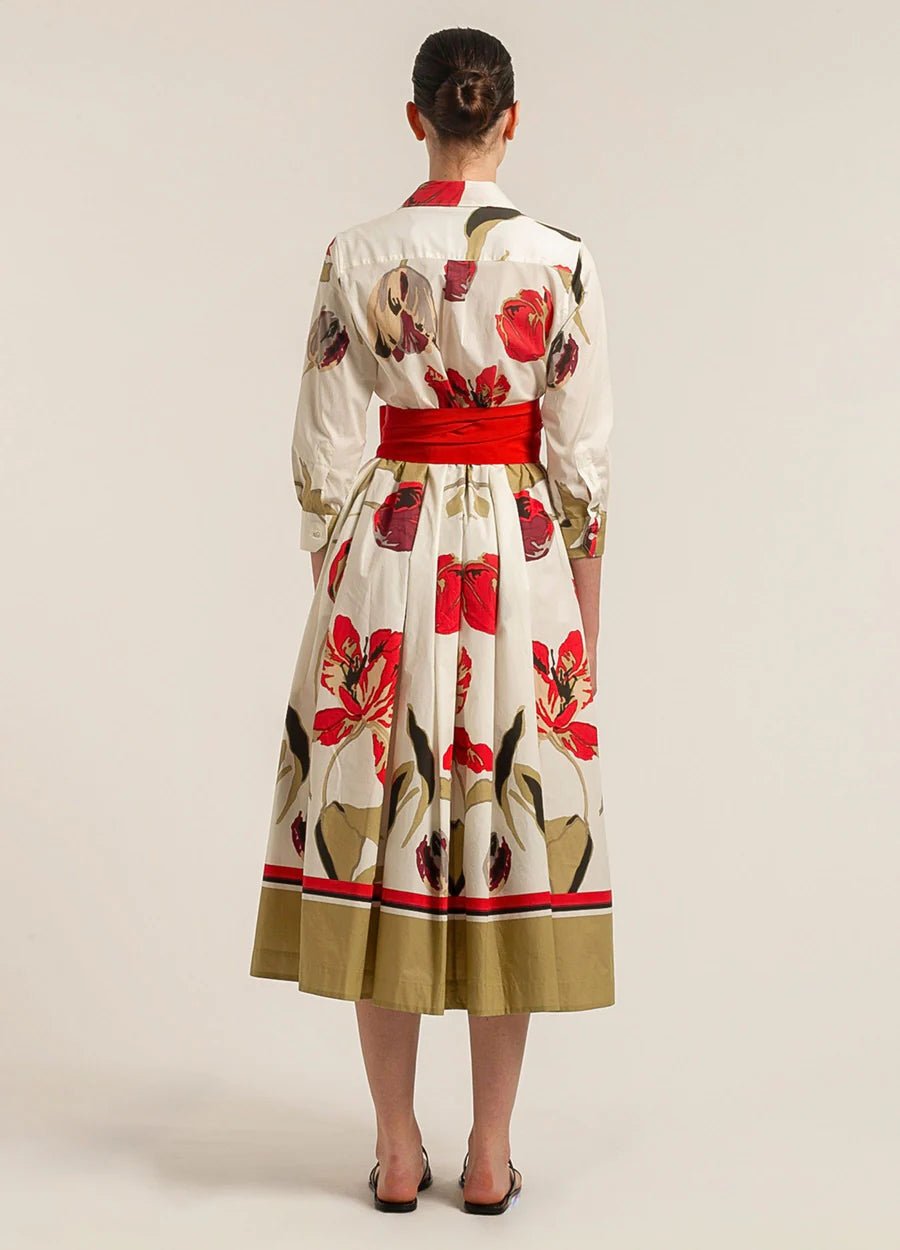 Young Ideas/Henmores - Tulips Asymmetrical Button Up Belted Midi Dress - 262 Cream/Red - 8