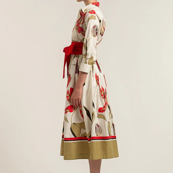 Young Ideas/Henmores - Tulips Asymmetrical Button Up Belted Midi Dress - 262 Cream/Red - 8