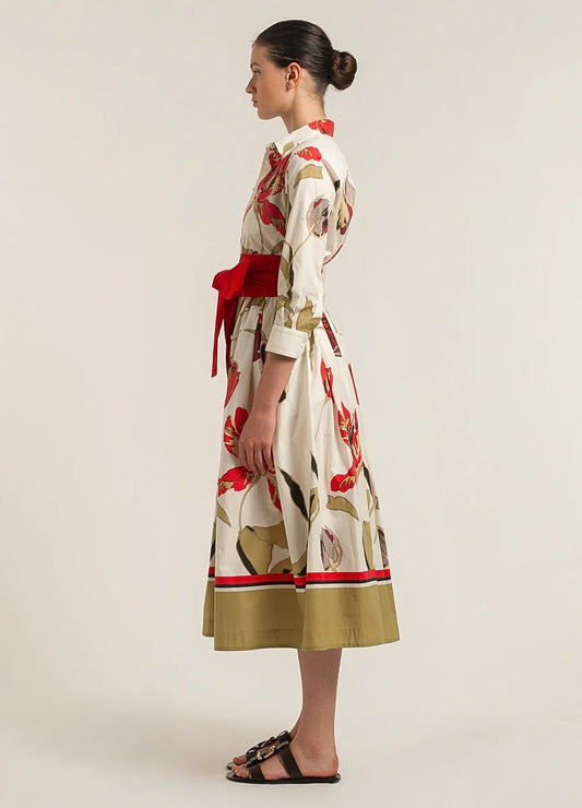 Young Ideas/Henmores - Tulips Asymmetrical Button Up Belted Midi Dress - 262 Cream/Red - 8