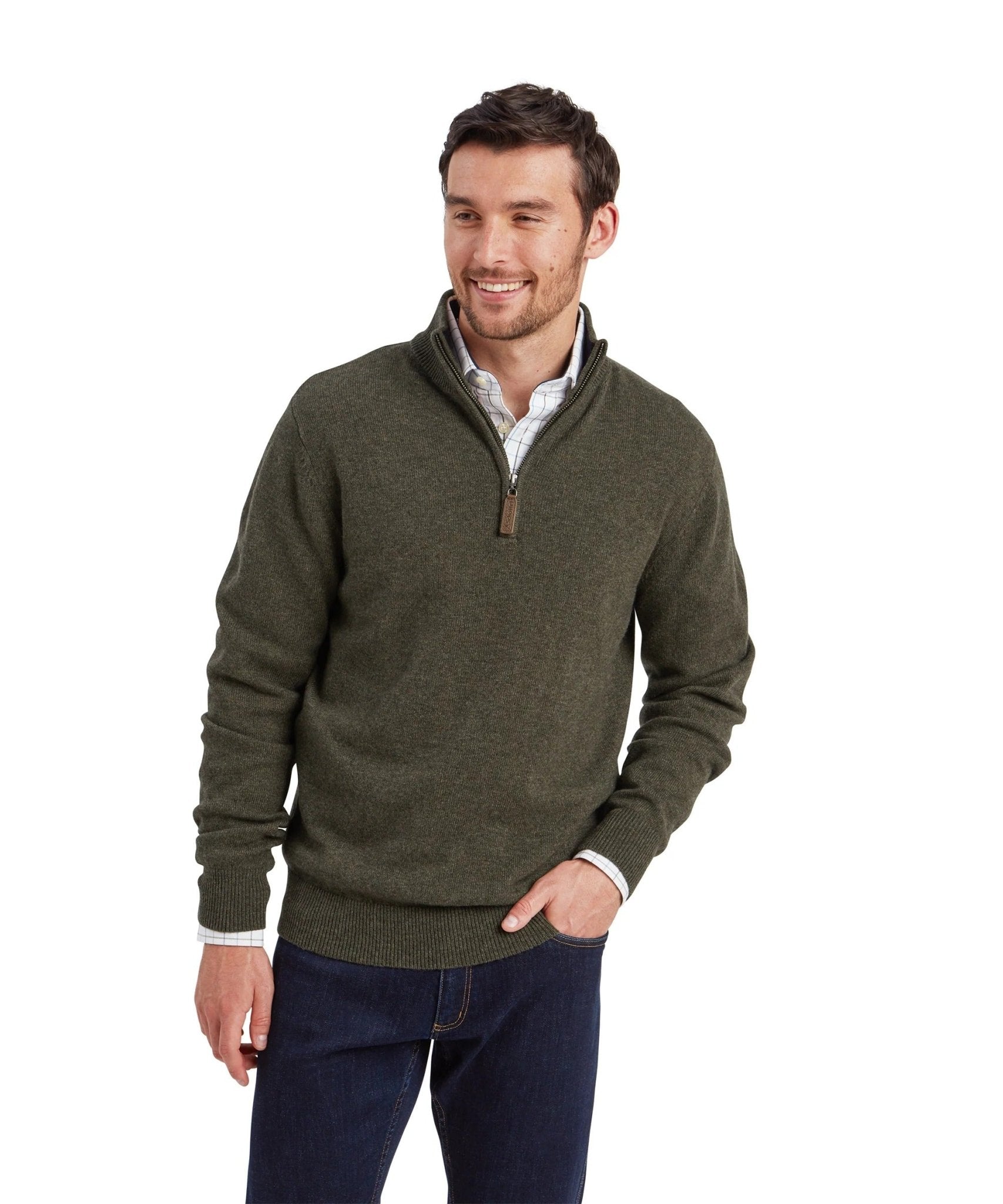 Young Ideas & Henmores -Calton Cotton Cashmere 1/4 Zip Jumper -6790 Loden Green -M