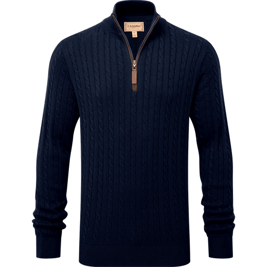 Young Ideas & Henmores -Calton Cotton Cashmere Cable 1/4 Zip Jumper -8880 Navy -M