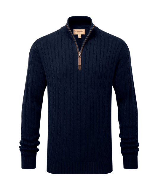 Young Ideas & Henmores -Calton Cotton Cashmere Cable 1/4 Zip Jumper -8880 Navy -M
