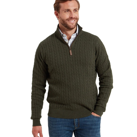 Young Ideas & Henmores -Calton Cotton Cashmere Cable 1/4 Zip Jumper -6790 Loden Green -M
