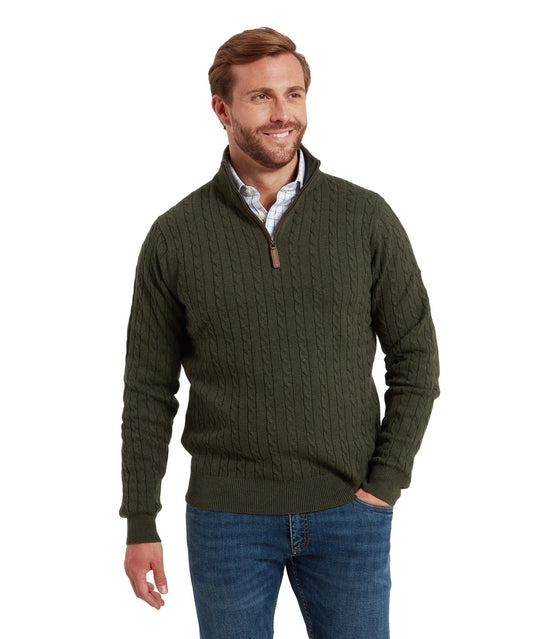 Young Ideas & Henmores -Calton Cotton Cashmere Cable 1/4 Zip Jumper -6790 Loden Green -M