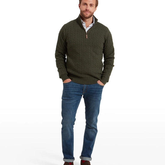 Young Ideas & Henmores -Calton Cotton Cashmere Cable 1/4 Zip Jumper -6790 Loden Green -M