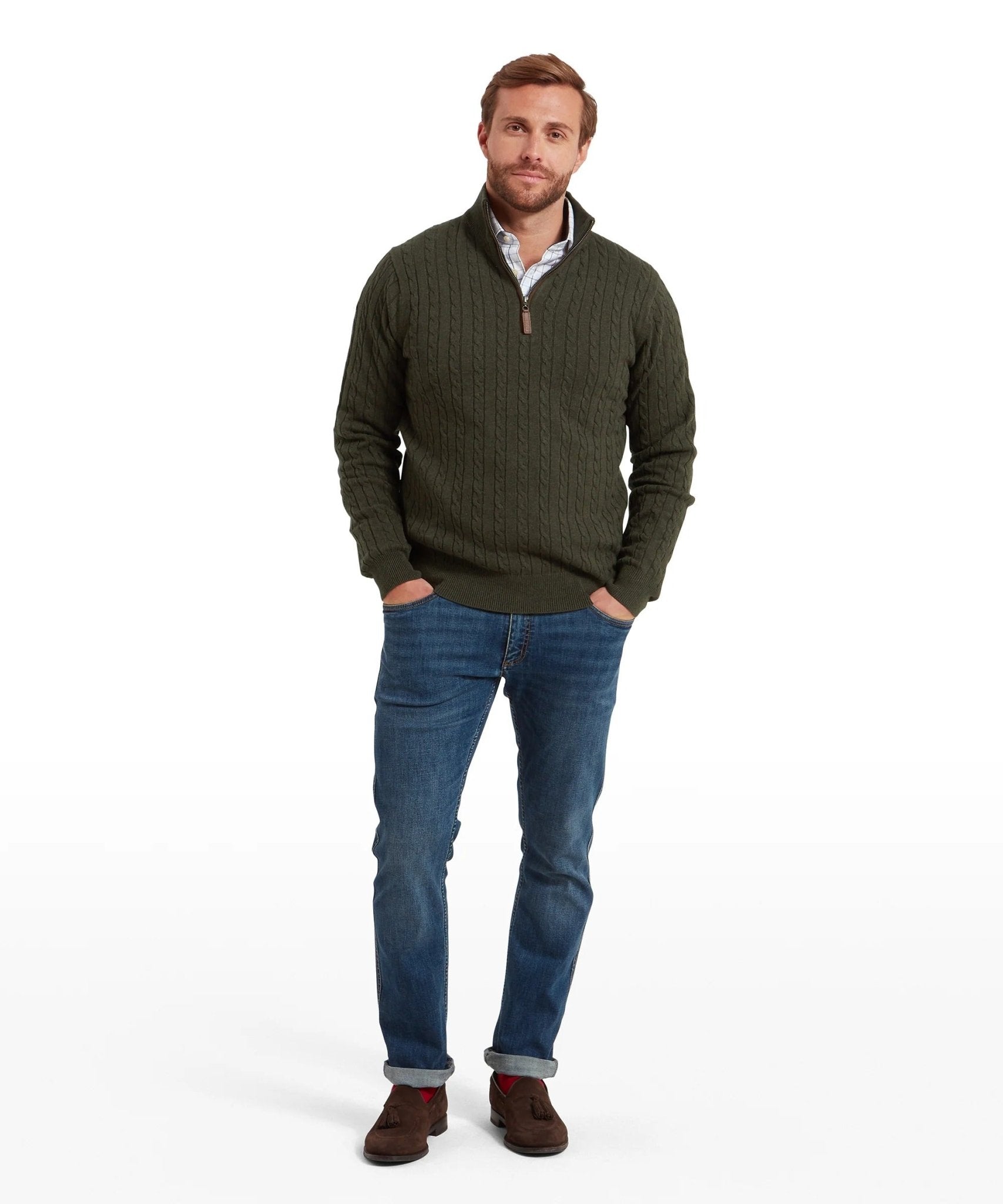 Young Ideas & Henmores -Calton Cotton Cashmere Cable 1/4 Zip Jumper -6790 Loden Green -M