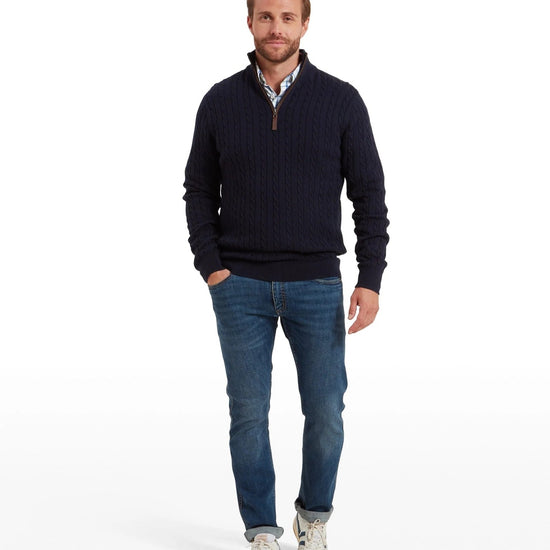 Young Ideas & Henmores -Calton Cotton Cashmere Cable 1/4 Zip Jumper -8880 Navy -M