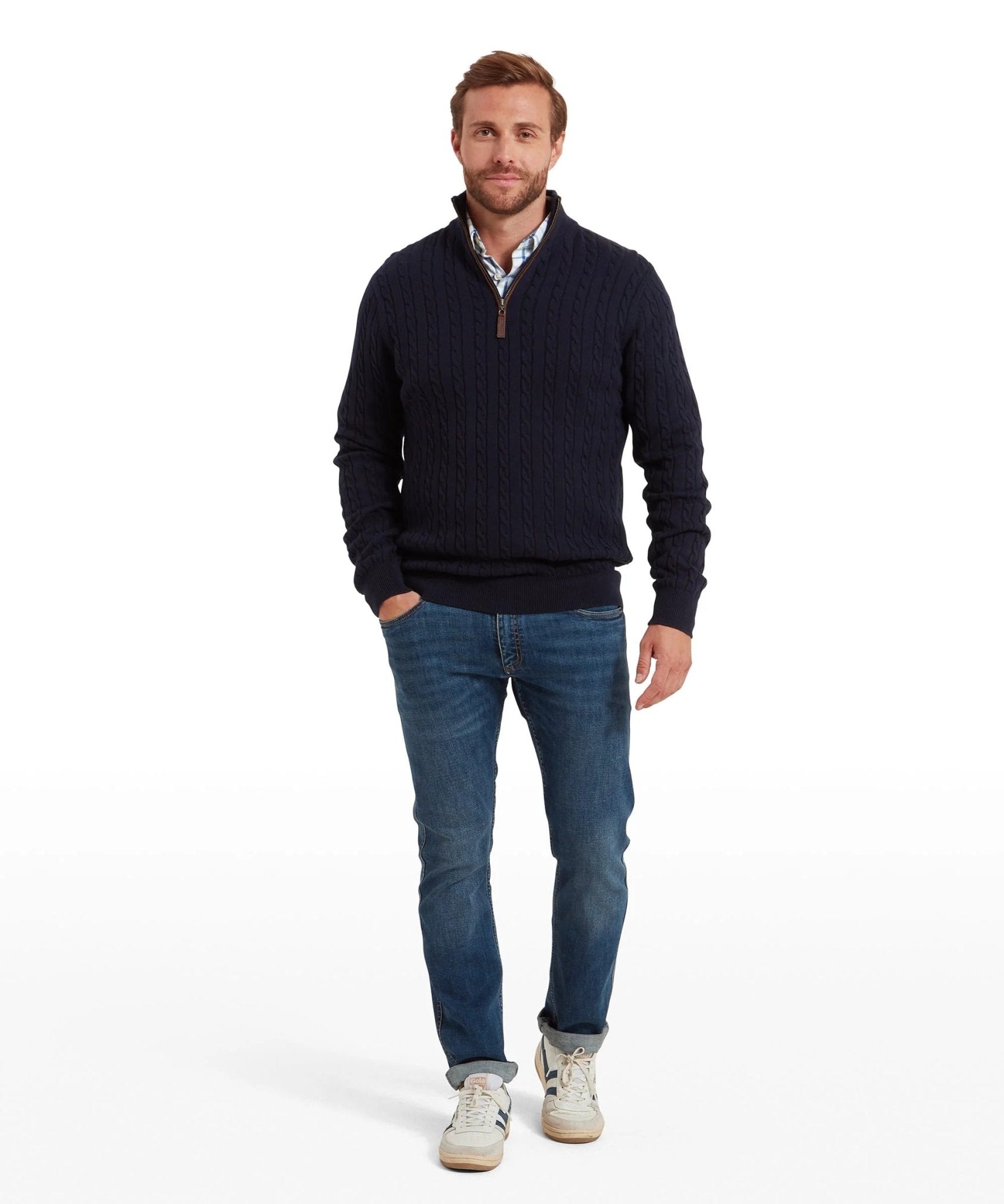 Young Ideas & Henmores -Calton Cotton Cashmere Cable 1/4 Zip Jumper -8880 Navy -M