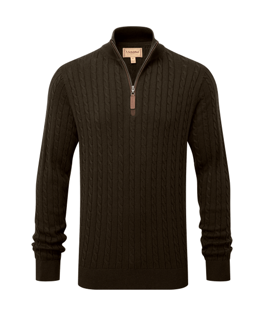 Young Ideas & Henmores -Calton Cotton Cashmere Cable 1/4 Zip Jumper -6790 Loden Green -M