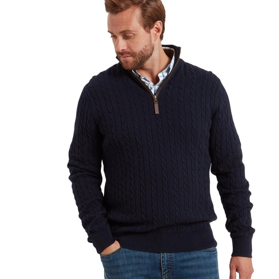 Young Ideas & Henmores -Calton Cotton Cashmere Cable 1/4 Zip Jumper -8880 Navy -M