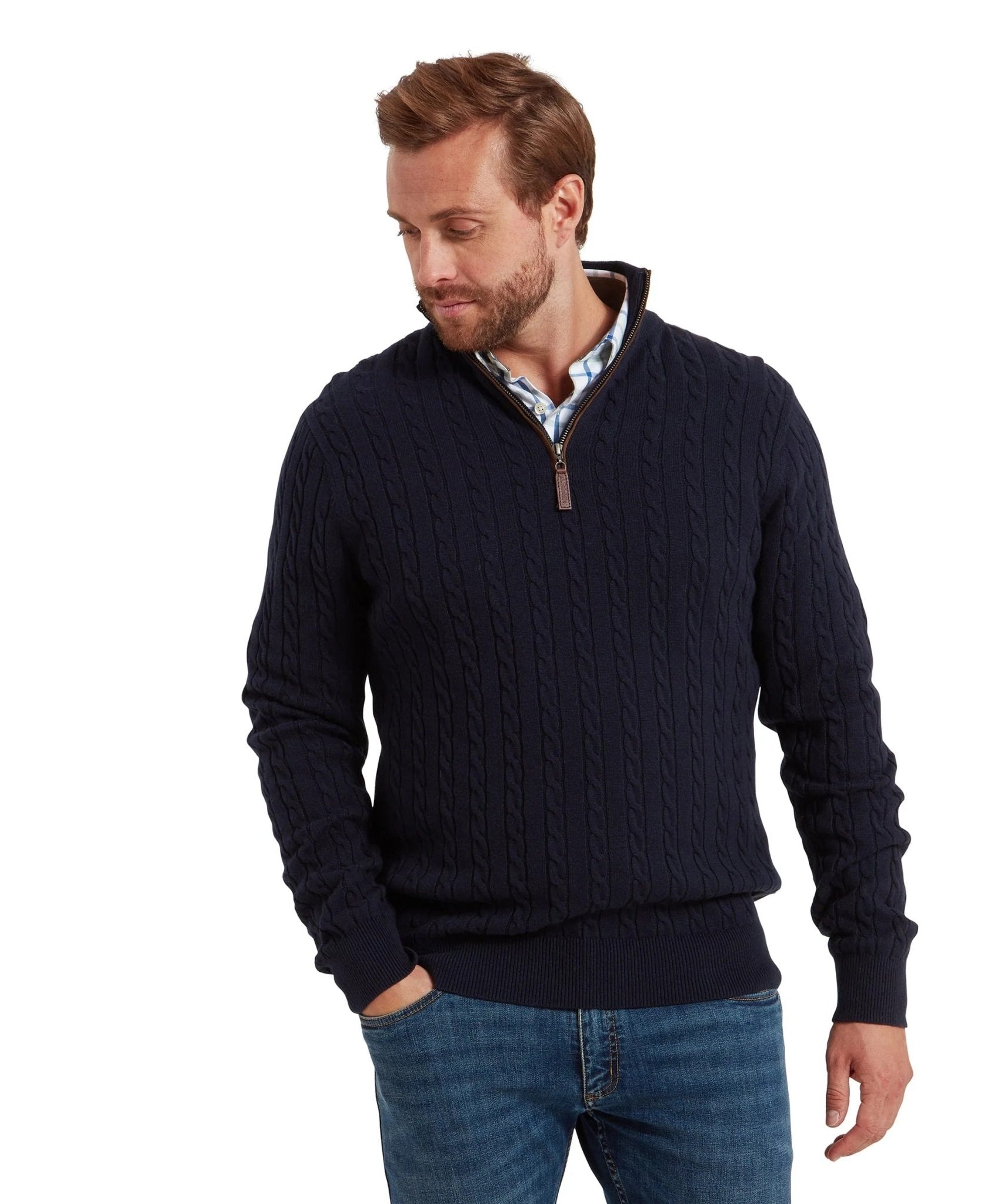 Young Ideas & Henmores -Calton Cotton Cashmere Cable 1/4 Zip Jumper -8880 Navy -M