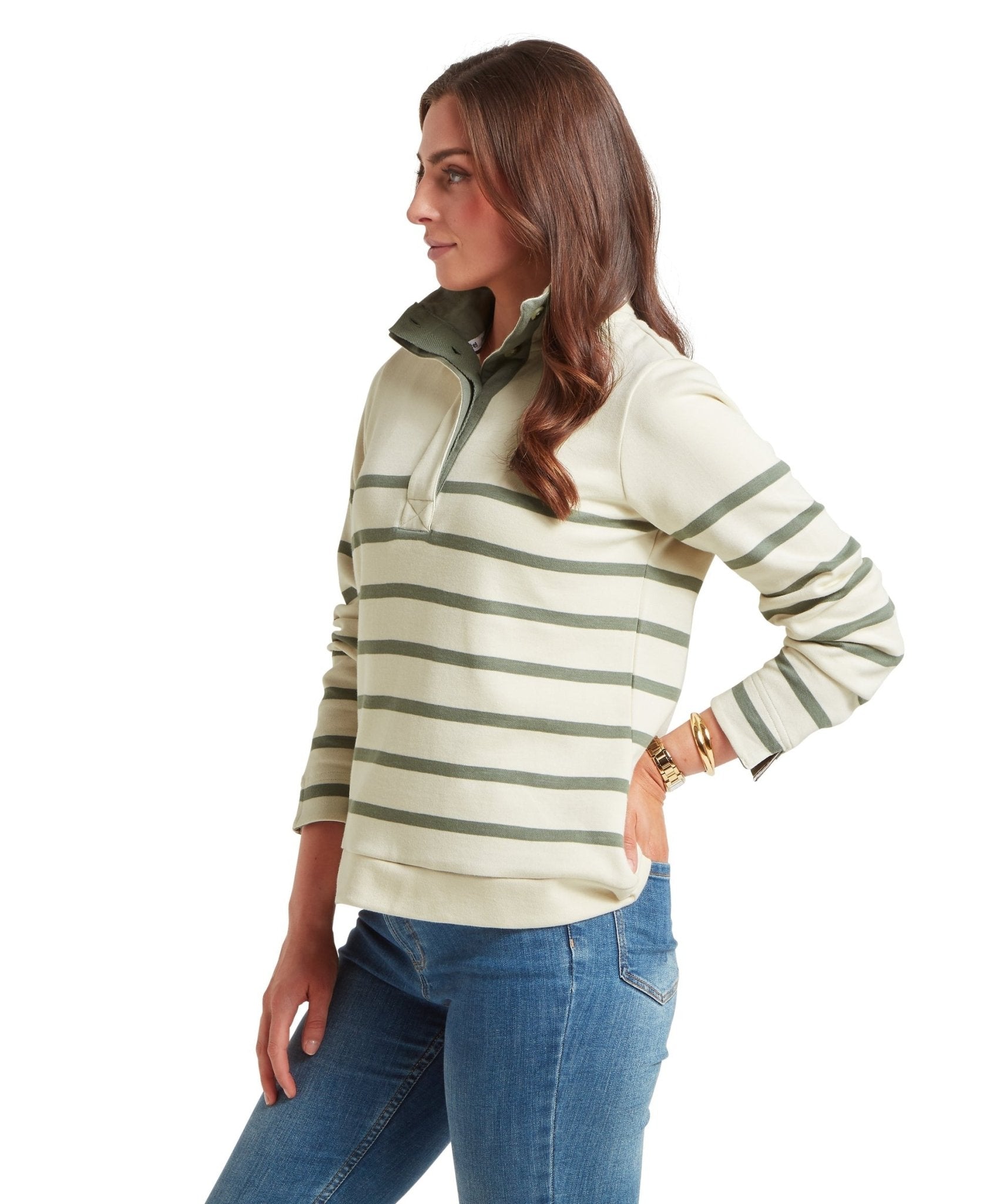 Young Ideas & Henmores -Sandown Sweatshirt -1993 Pale Stone/Agave Green Stripe -10