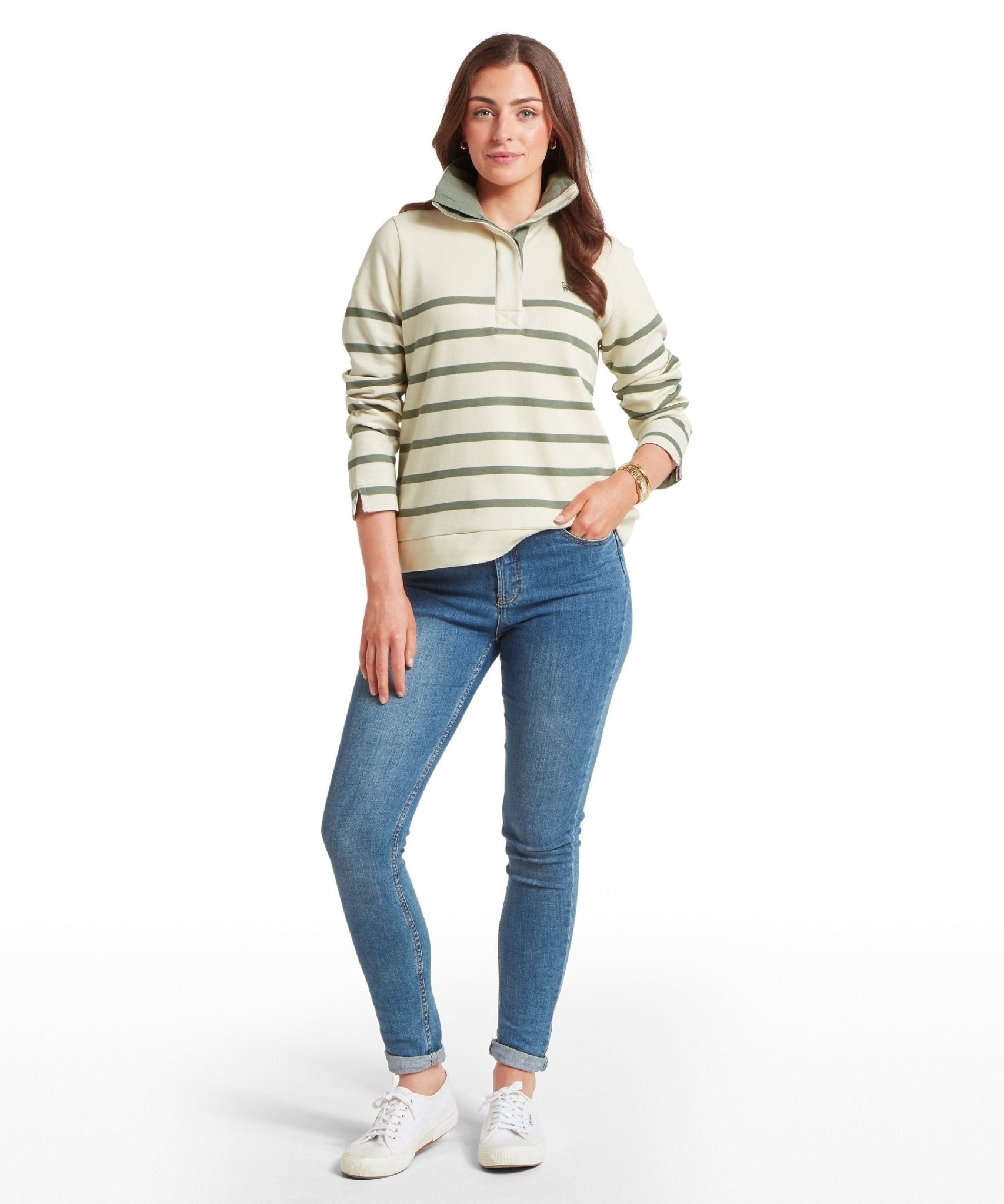 Young Ideas & Henmores -Sandown Sweatshirt -1993 Pale Stone/Agave Green Stripe -10