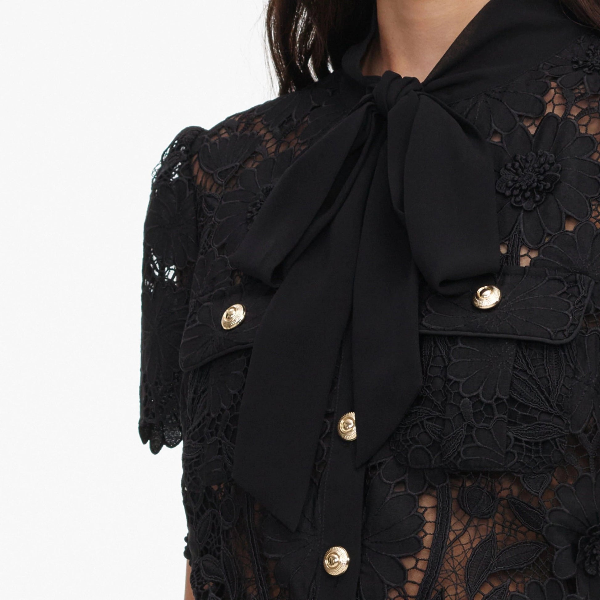 Young Ideas & Henmores -Black Lace Tie Neck Top -Black -8
