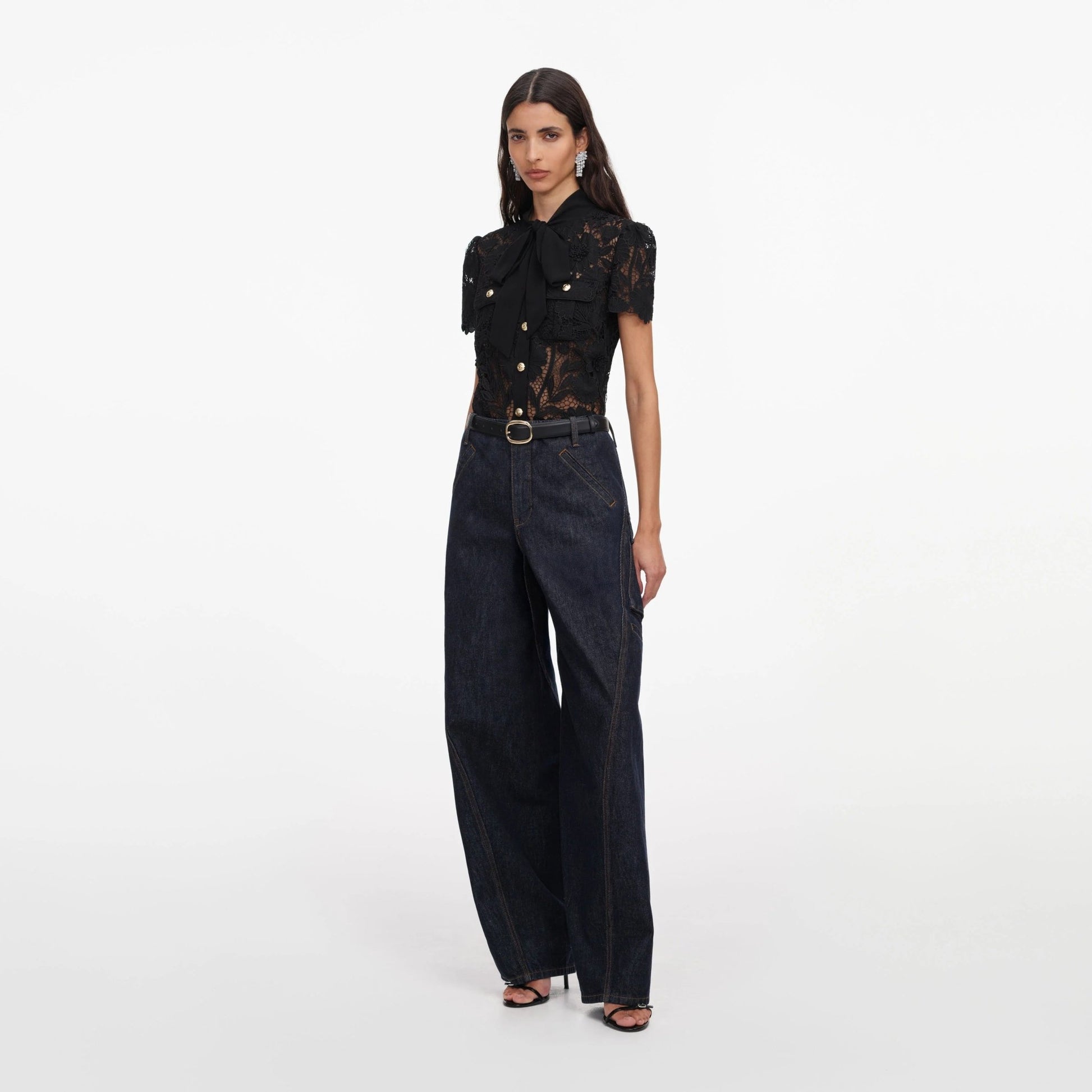 Young Ideas & Henmores -Black Lace Tie Neck Top -Black -8