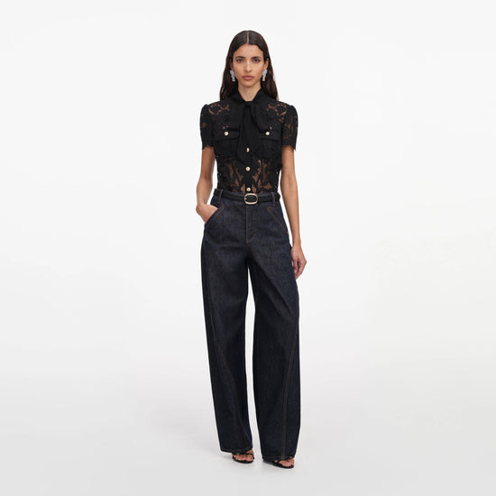 Young Ideas & Henmores -Black Lace Tie Neck Top -Black -8