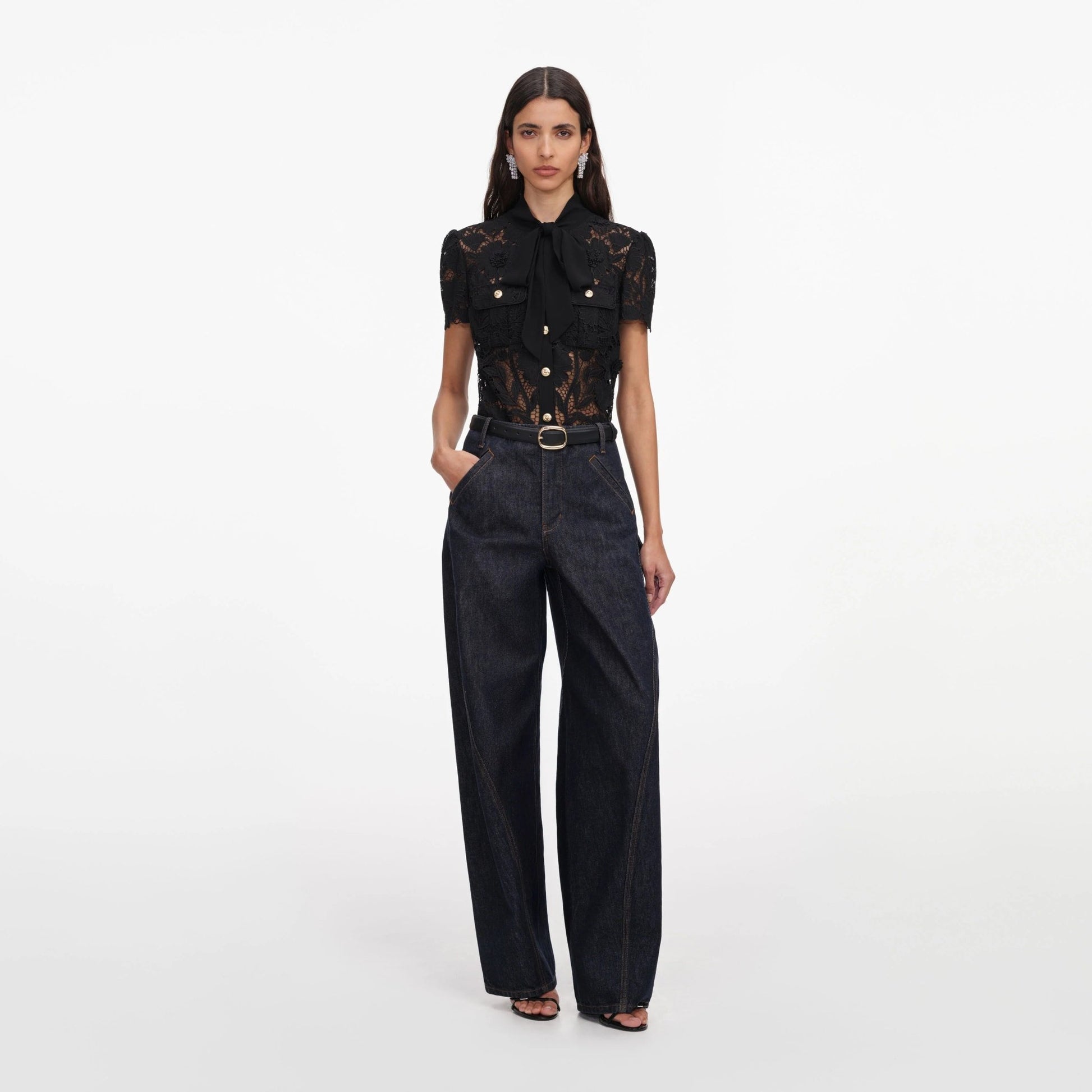 Young Ideas & Henmores -Black Lace Tie Neck Top -Black -8