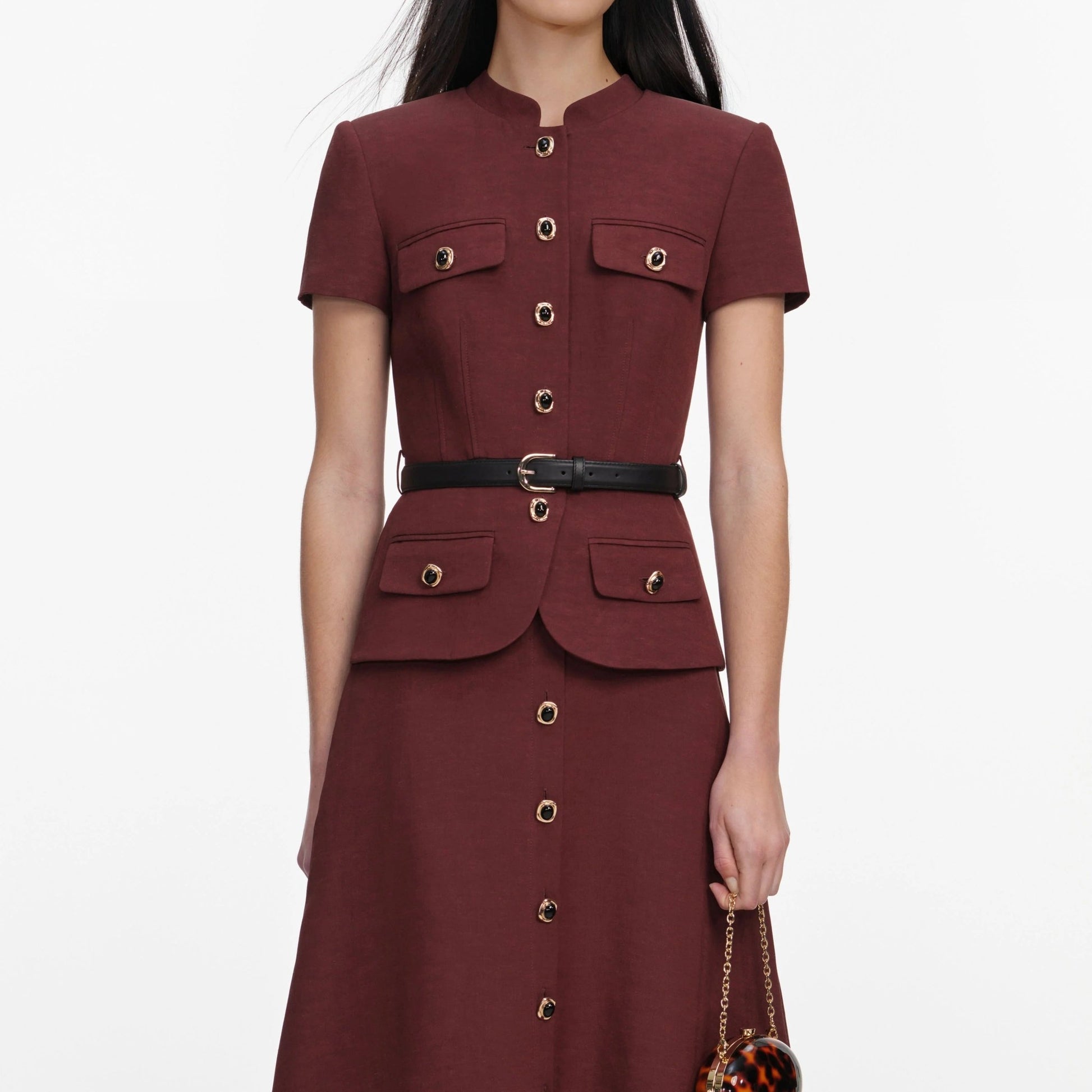 Young Ideas & Henmores -Brown Peplum Linen Midi Dress -Brown -10