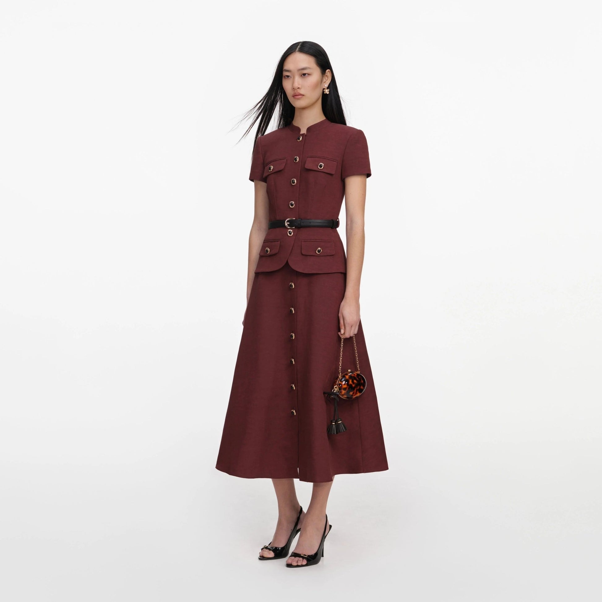 Young Ideas & Henmores -Brown Peplum Linen Midi Dress -Brown -10