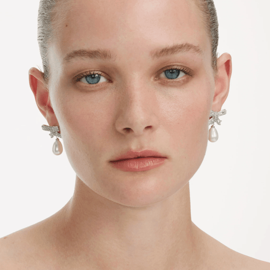 Young Ideas & Henmores - Crystal Bow Pearl Droplet Earrings - Silver - OS