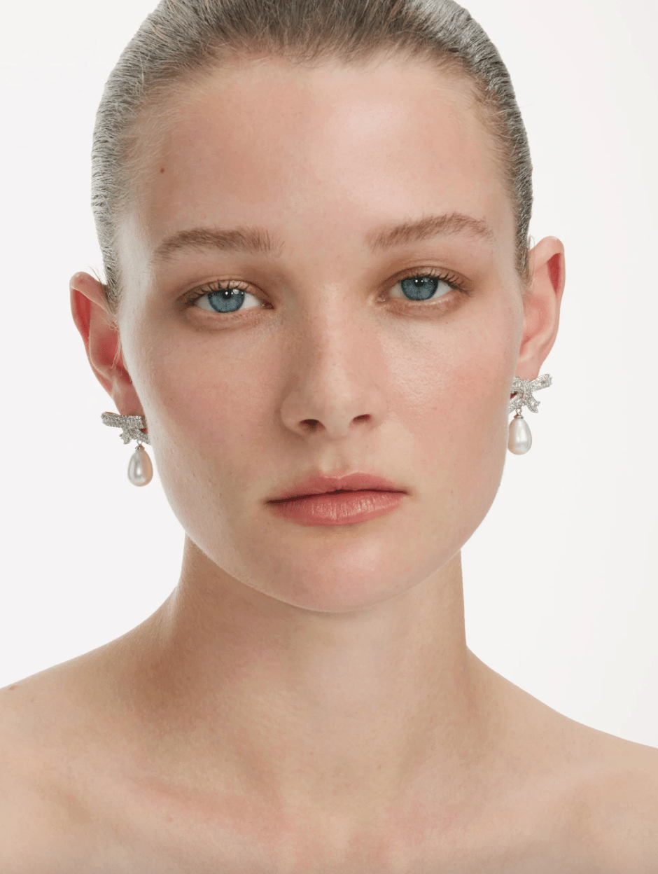 Young Ideas & Henmores - Crystal Bow Pearl Droplet Earrings - Silver - OS