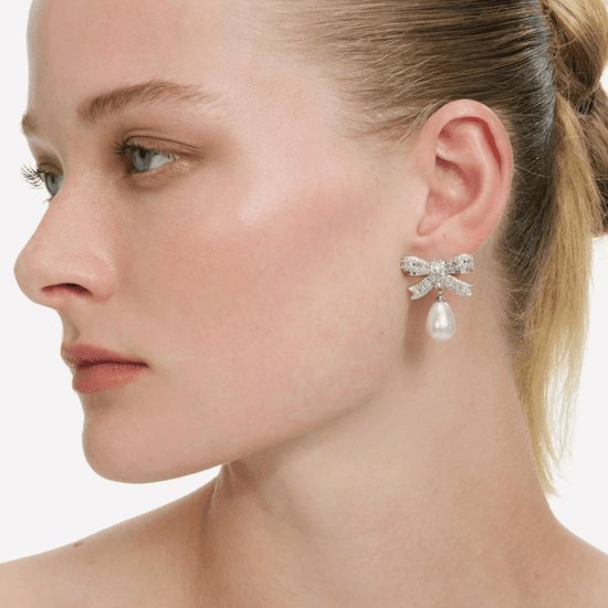 Young Ideas & Henmores - Crystal Bow Pearl Droplet Earrings - Silver - OS