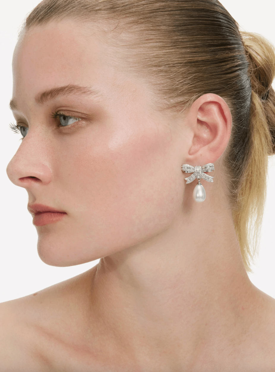 Young Ideas & Henmores - Crystal Bow Pearl Droplet Earrings - Silver - OS