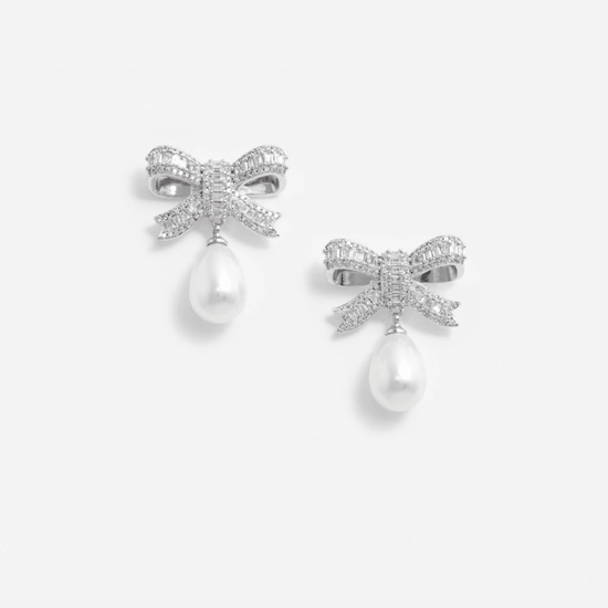 Young Ideas & Henmores - Crystal Bow Pearl Droplet Earrings - Silver - OS