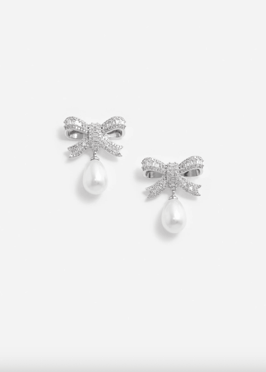 Young Ideas & Henmores - Crystal Bow Pearl Droplet Earrings - Silver - OS