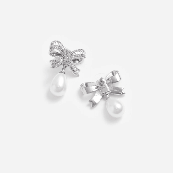 Young Ideas & Henmores - Crystal Bow Pearl Droplet Earrings - Silver - OS