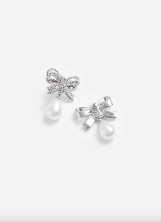 Young Ideas & Henmores - Crystal Bow Pearl Droplet Earrings - Silver - OS