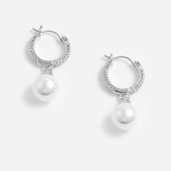 Young Ideas & Henmores - Crystal Pearl Drop Hoop Earrings - Silver - OS