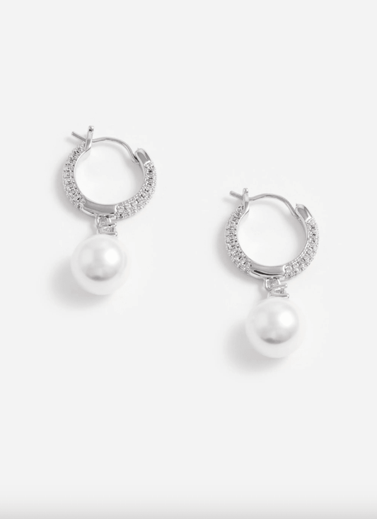 Young Ideas & Henmores - Crystal Pearl Drop Hoop Earrings - Silver - OS